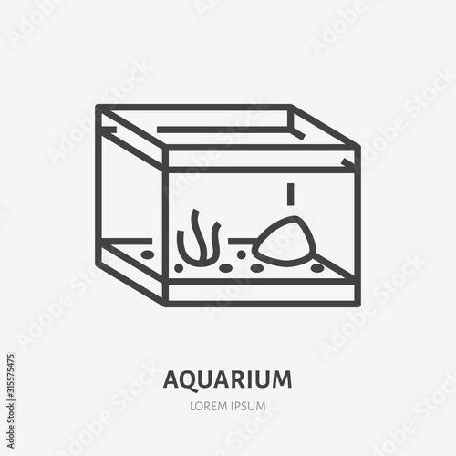 Aquarium line icon, vector pictogram of fish glass square tank. Fishbowl illustration, sign for pet shop