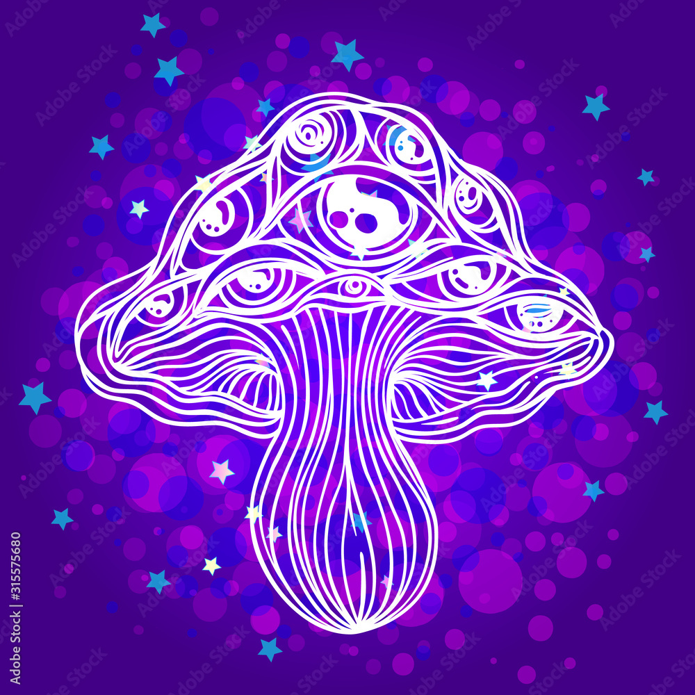 Fototapeta premium Magic mushrooms. Psychedelic hallucination. Vibrant vector illustration. 60s hippie colorful art. Decoration in ethnic boho style tattoo. Alchemy or astrology, esoteric or festive design.