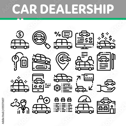 Car Dealership Shop Collection Icons Set Vector Thin Line. Car Dealership Agreement And Document, Auto Salon And Building, Key And Gps Mark Concept Linear Pictograms. Monochrome Contour Illustrations