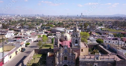 Templo de San Francisco Acatepec in Cholula Mexico by drone at a sunny day. photo