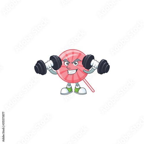 Fitness exercise pink round lollipop mascot icon with barbells