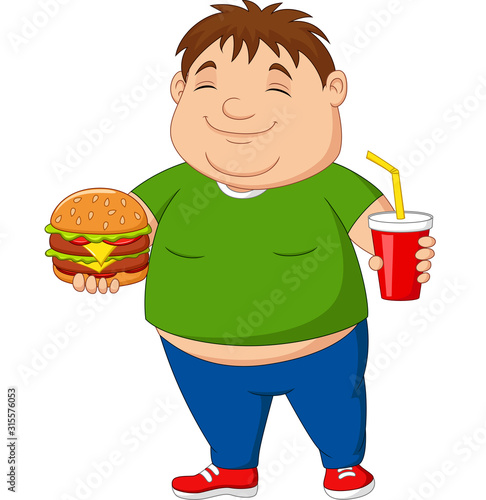 Overweight boy holding hamburger and soda drink