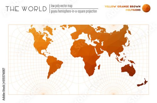 Abstract world map. Guyou hemisphere-in-a-square projection of the world. Yellow Orange Brown colored polygons. Stylish vector illustration.