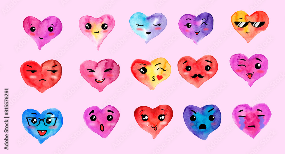Watercolor Emoji Hearts Clip Art. Set of Smileys for Valentine's Day. Collection of Face Emotions. Hand Painted Cute Style Colorful Elements Isolated. Watercolor Emoji Hearts Clip Art. Set of Smileys for Valentine's Day. Collection of Face Emotions. Hand Painted Cute Style Colorful Elements Isolated.