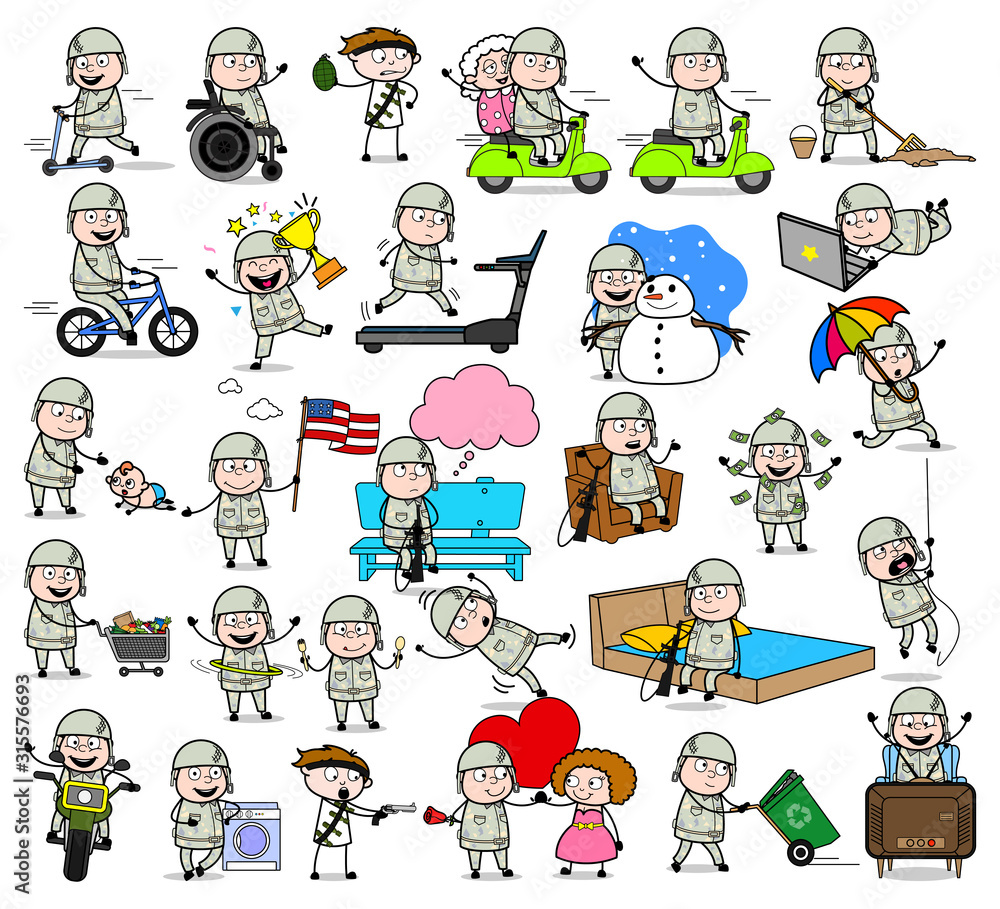 Obraz premium Cartoon Army Man - Set of Concepts Vector illustrations