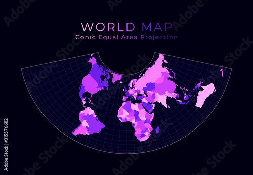 World Map. Albers conic equal-area projection. Digital world illustration. Bright pink neon colors on dark background. Radiant vector illustration.