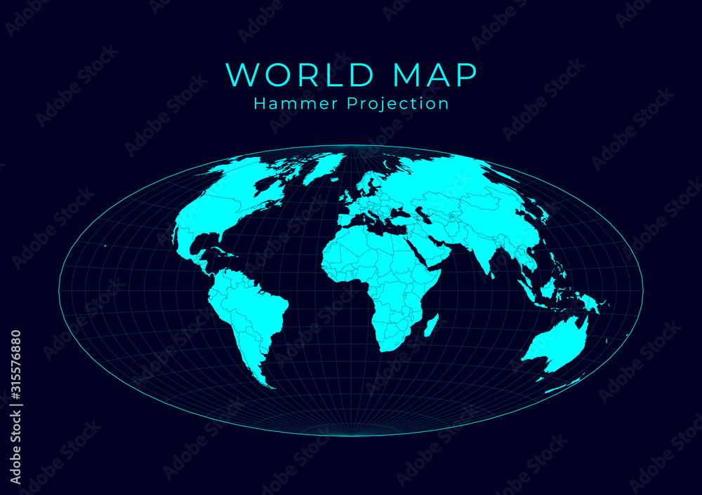 Map of the World. Hammer projection. Futuristic infographic world illustration. Bright cyan colors on dark background. Appealing vector illustration. Map of the World. Hammer projection. Futuristic infographic world illustration. Bright cyan colors on dark background. Appealing vector illustration.