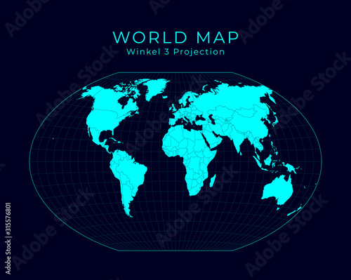Map of the World. Winkel tripel projection. Futuristic infographic world illustration. Bright cyan colors on dark background. Neat vector illustration.