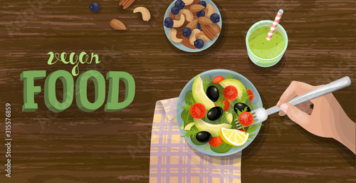 Salad and smoothie top view banner template. Healthy vegan food breakfast. Green fruit and vegetable bowl. Fitness diet ration fresh vegetarian flat lay vector illustration