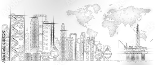 Petroleum oil refinery complex low poly World map. Finance economy polygonal petrochemical production plant. Petroleum fuel industry will pipeline. Ecology solution blue vector illustration