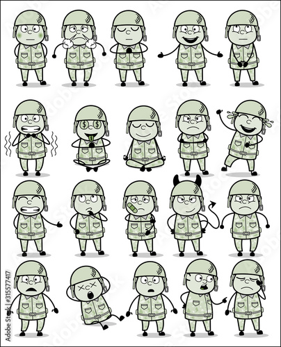 Poses Collection of Cartoon Army Man - Set of Concepts Vector illustrations