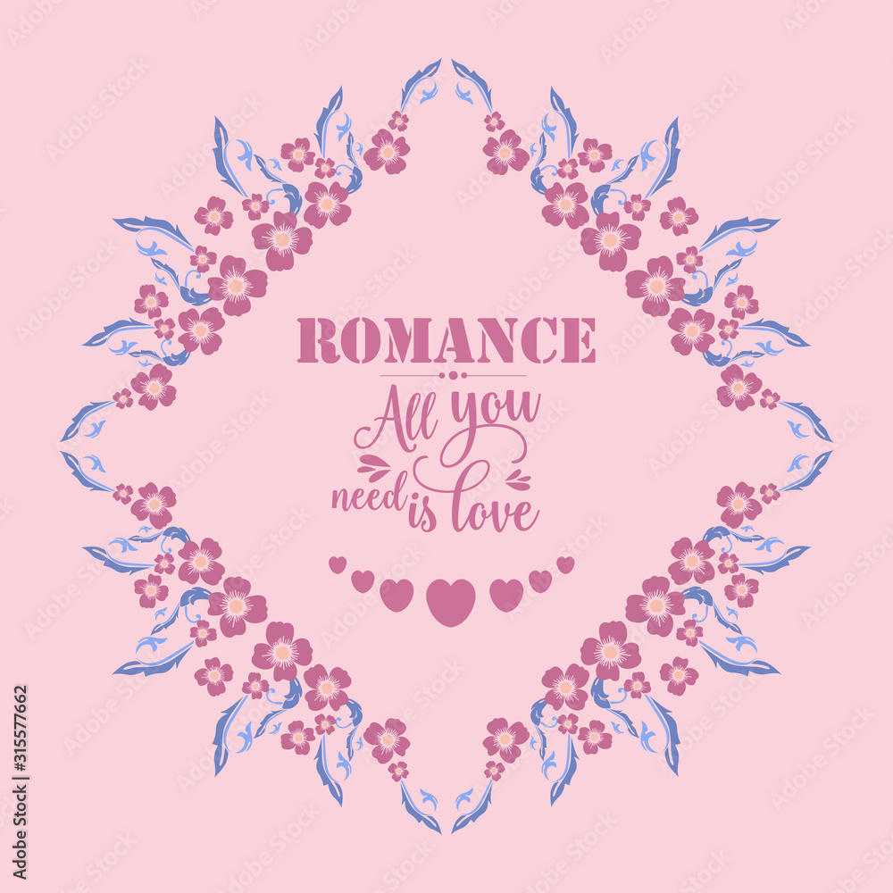 Romance greeting card design, with cute and seamless pink floral frame design. Vector