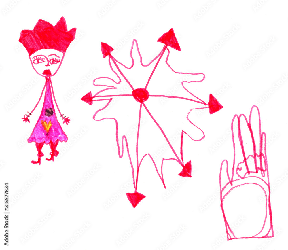 set of children's drawings in pink colors girl, human hand and set of arrows