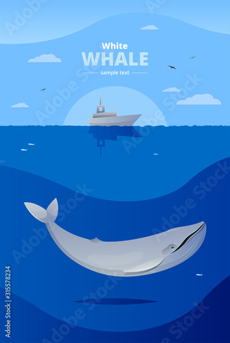 Vector illustrated poster with big white whale in the sea, fishing boat and place for your text. Siutable for poster, banner, cards. 