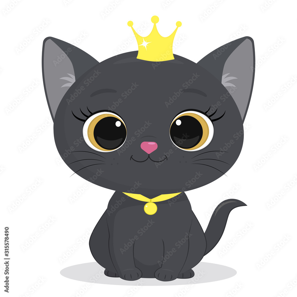 Fototapeta premium Cute gray kitten in a crown and a ribbon with a medallion isolated on a white background. Charming seated kitten princess of British breed, cute fluffy friend. Cartoon style, vector