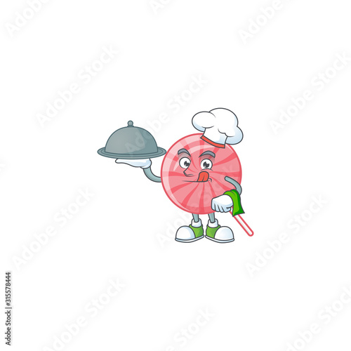cartoon design of pink round lollipop as a Chef having food on tray