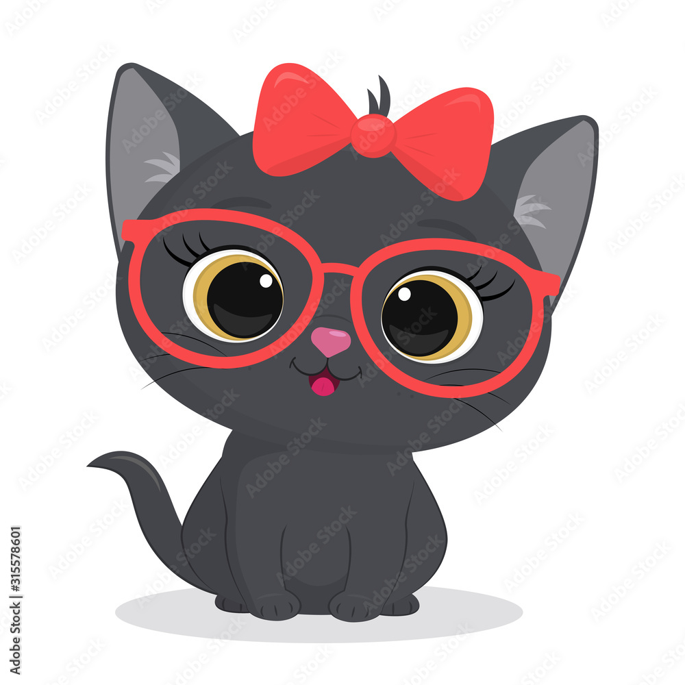 Cute gray kitten with a red bow and glasses isolated on white background. Funny pet, charming sitting kitten of British breed, cute furry friend. Cartoon style, vector