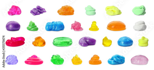 Tableau sur toile Set of different colorful slimes on white background