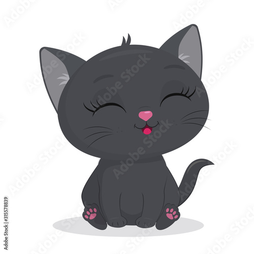 Cute gray kitten isolated on a white background. Funny pet, charming sedentary with closed eyes British kitten, cute furry friend. Cartoon style, vector
