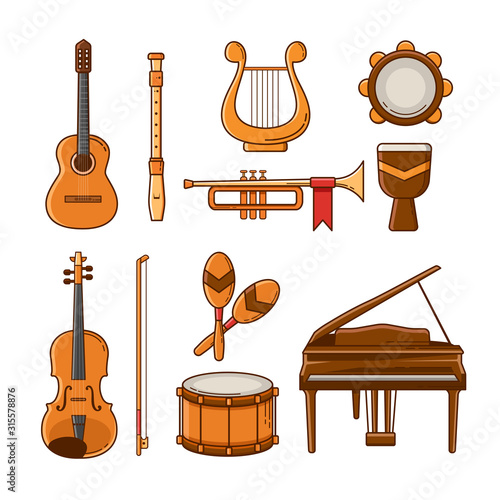 Set of music instrumental icon and elements. Flat design