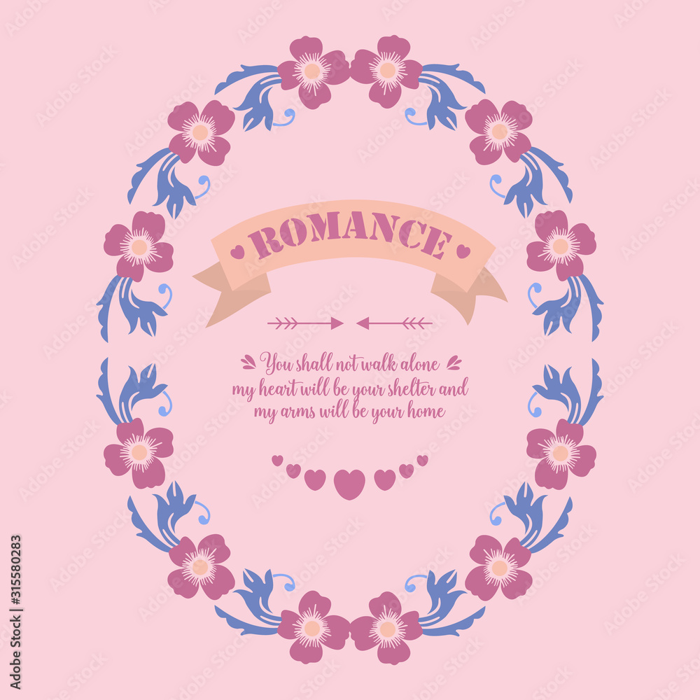 Romance Greeting card template, with beautiful leaf and pink floral frame. Vector