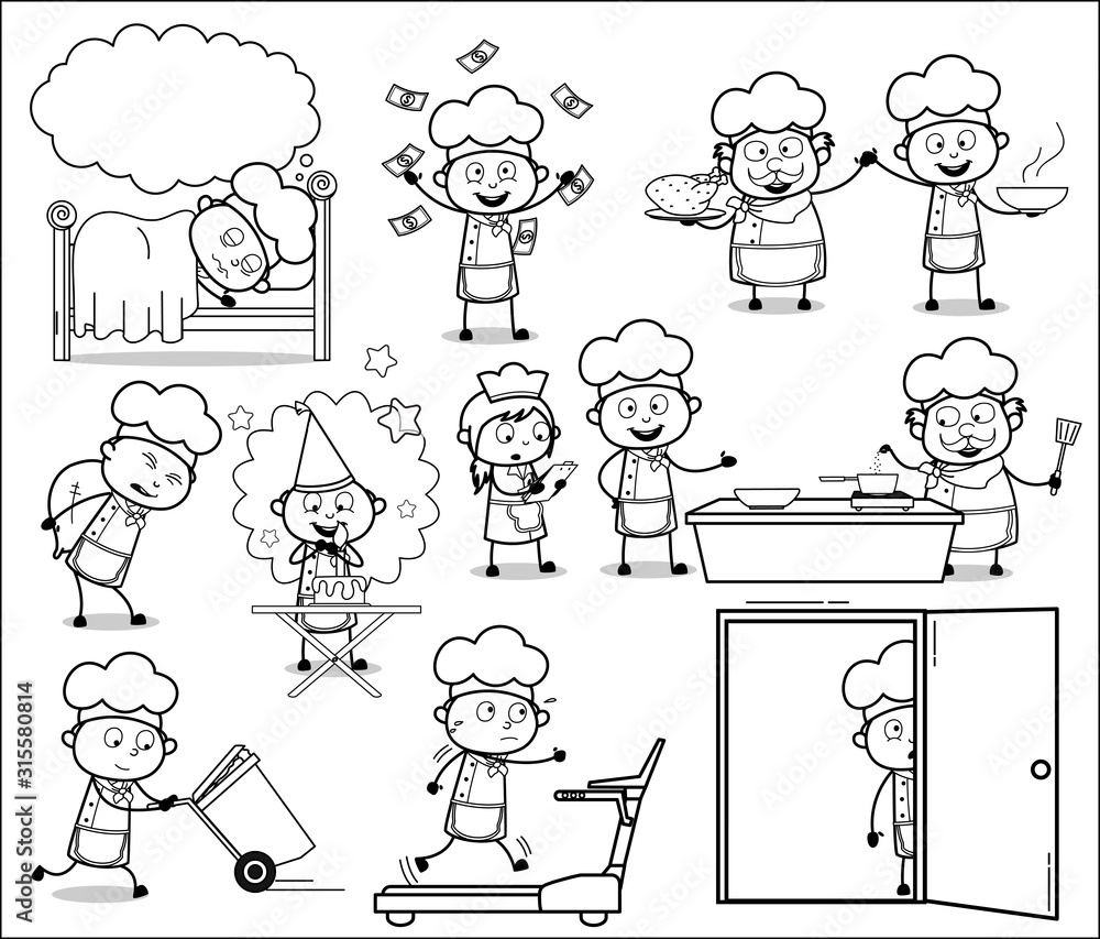 Retro Drawing Art of Cartoon Chef - Various Concepts Vector illustrations