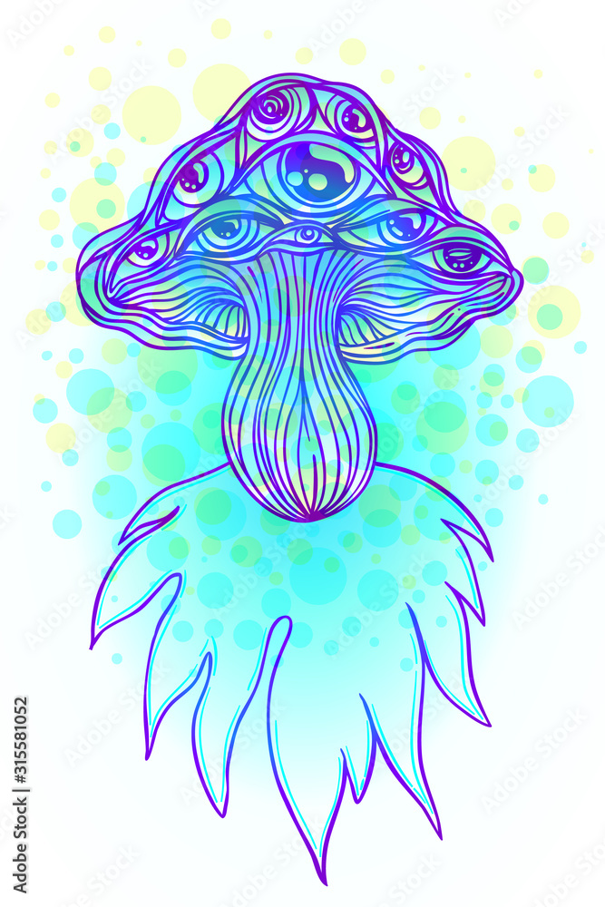 Fototapeta premium Magic mushrooms. Psychedelic hallucination. Vibrant vector illustration. 60s hippie colorful art. Decoration in ethnic boho style tattoo. Alchemy or astrology, esoteric or festive design.