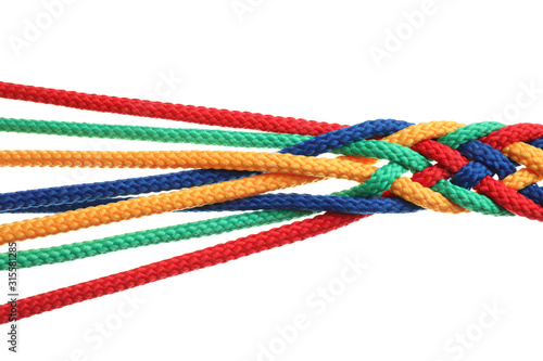 Braided colorful ropes on white background. Unity concept