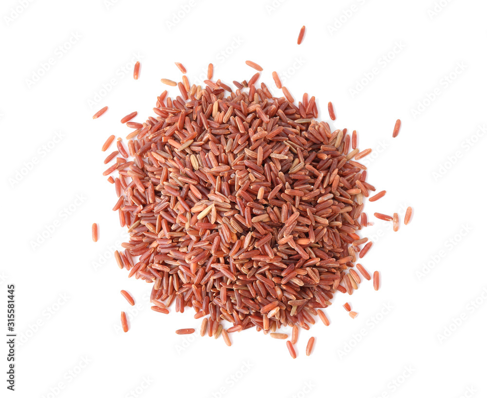 Uncooked brown rice isolated on white, top view Uncooked brown rice isolated on white, top view