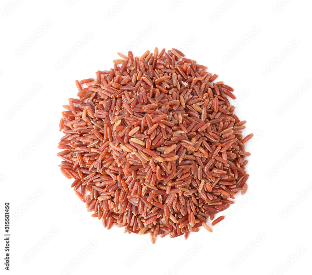 Uncooked brown rice isolated on white, top view