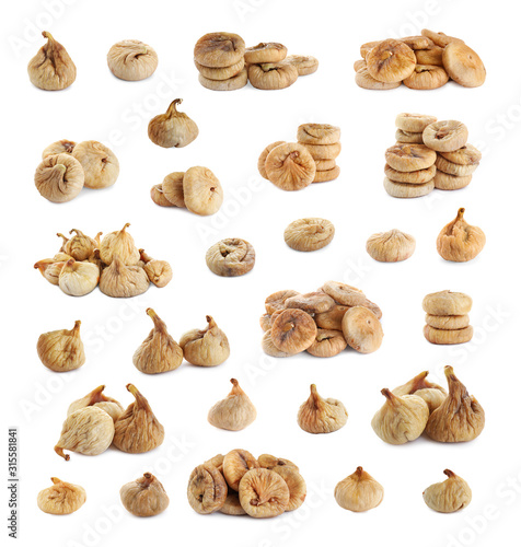 Set of dried sweet figs on white background
