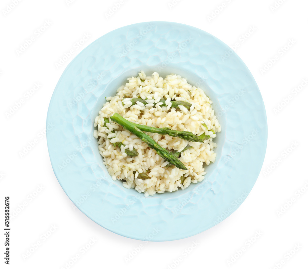 Delicious risotto with asparagus isolated on white, top view Delicious risotto with asparagus isolated on white, top view
