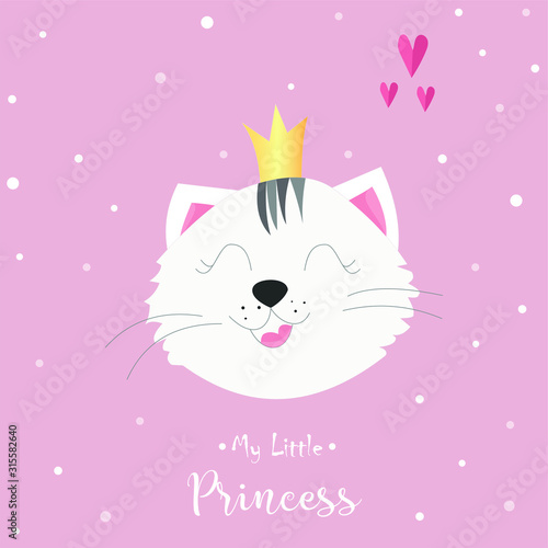 Cute cartoon kitty princess Head of cat with lettering My Little Princess.  Cute cat girl.  Vector illustration for print design Creative girlish original design. 