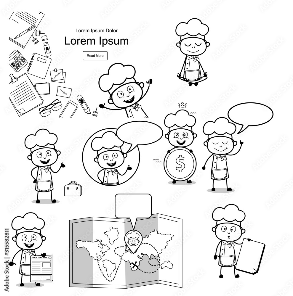 Black and White Cartoon Chef Concepts - Set of Retro Vector illustrations Black and White Cartoon Chef Concepts - Set of Retro Vector illustrations