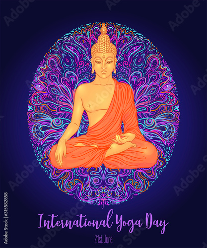 Yoga card, flyer, poster, mat design. Colorful neon template for spiritual retreat or yoga studio. Ornamental business cards, oriental pattern. Vector illustration. Sticker, patch, 60s hippie art.