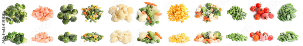 Set of different frozen vegetables on white background. Banner design - obrazy, fototapety, plakaty 
