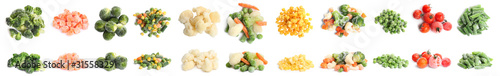 Set of different frozen vegetables on white background. Banner design