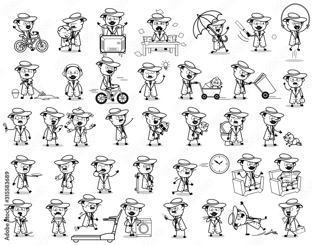 Fototapeta premium Comic Retro Detective Agent Concepts - Collection of Vector illustrations