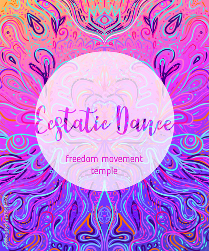 Yoga card, flyer, poster, mat design. Colorful neon template for spiritual retreat or yoga studio. Ornamental business cards, oriental pattern. Vector illustration. Sticker, patch, 60s hippie art.