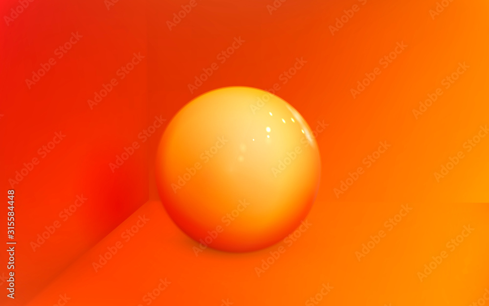 Abstract background with sphere angular minimalistic, orange red ball. Design decoration of clean round shape realistic object, orb geometric simple figure. Corner vector illustration