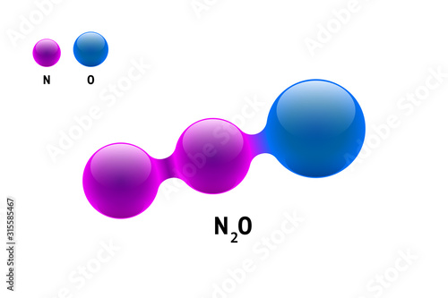 Chemistry model molecule nitrogen oxide N2O scientific element formula. Integrated particles natural inorganic 3d molecular structure consisting. Two nitrous and oxygen volume atom vector sphere