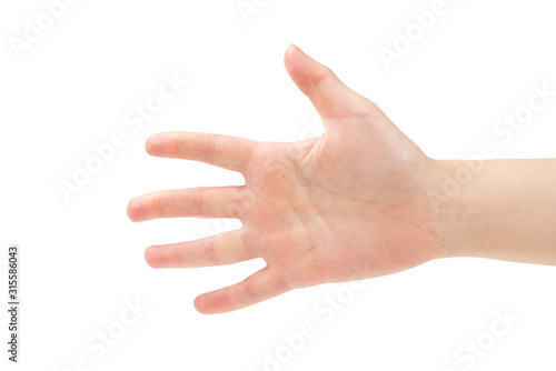 Woman hand isolated on white background showing five.
