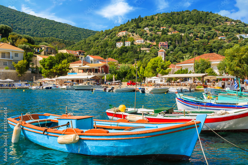 Colorful Greek Fishing Boats in Ithaka island, Greece