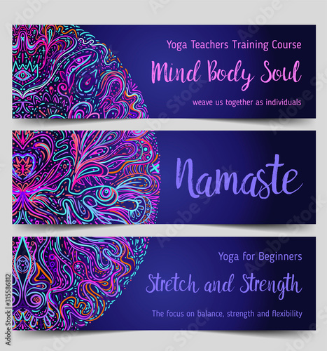 Yoga card, flyer, poster, mat design. Colorful neon template for spiritual retreat or yoga studio. Ornamental business cards, oriental pattern. Vector illustration. Sticker, patch, 60s hippie art.