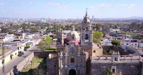 Templo de San Francisco Acatepec in Cholula Mexico by drone at a sunny day. photo