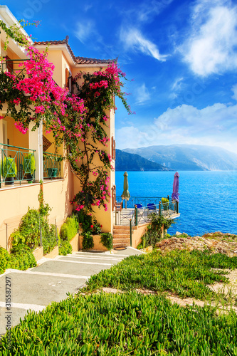 House with flowers on coast of Kefalonia island in Assos village, Greece