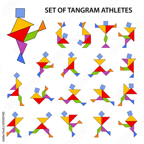 Set of vector tangram puzzles (geometric puzzle) for the development of logical thinking of children and adults. Collection of 19 color shapes of people-athletes. Vector illustration