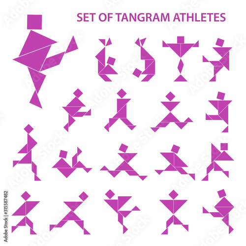 Set of vector tangram puzzles (geometric puzzle) for the development of logical thinking of children and adults. Collection of 19 monochrome shapes of people-athletes. Vector illustration