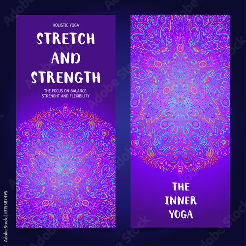 Yoga card, flyer, poster, mat design. Colorful neon template for spiritual retreat or yoga studio. Ornamental business cards, oriental pattern. Vector illustration. Sticker, patch, 60s hippie art.