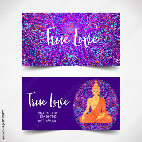 Yoga card, flyer, poster, mat design. Colorful neon template for spiritual retreat or yoga studio. Ornamental business cards, oriental pattern. Vector illustration. Sticker, patch, 60s hippie art.